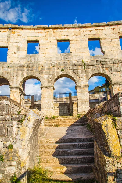 Ancient Heritage Pula Istria Croatia Arches Monumental Roman Arena Detail — 스톡 사진