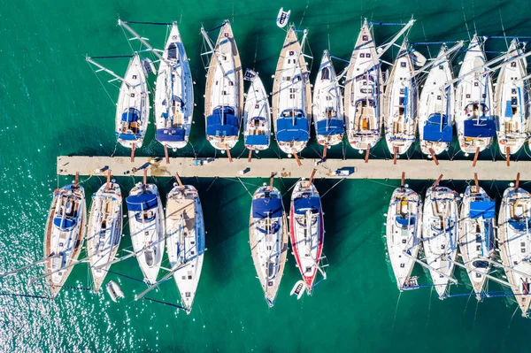 Aerial overhead view of yachts in marina in town of Vodice, Adriatic sea in Croatia