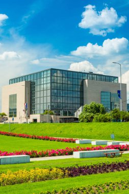 Zagreb, capital of Croatia. National and University Library and fountains park. Place where 2020 Croatian EU presidency meetings takes place.