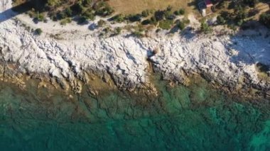  Hırvatistan 'ın Dugi Otok adasında Rocky sahili. Hırvatistan 'ın Dugi Otok adasında kristal berrak mavi suyla kayalık deniz kıyısının yukarıdan çekimleri 