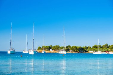 Beautiful peaceful Kosirina bay, anchored sailing boats and yachts, island Murter, Croatia