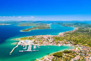 Beautiful Croatian coast, Murter island archipelago and town of Betina from air, Dalmatia, Croatia