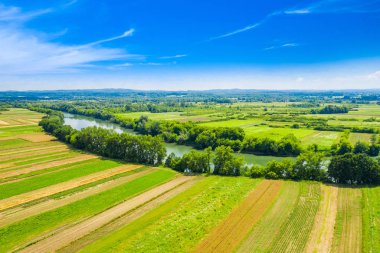 Beaufitul landscape in Croatia, Kupa river meandering between agriculture fields in lowlands, shot from drone