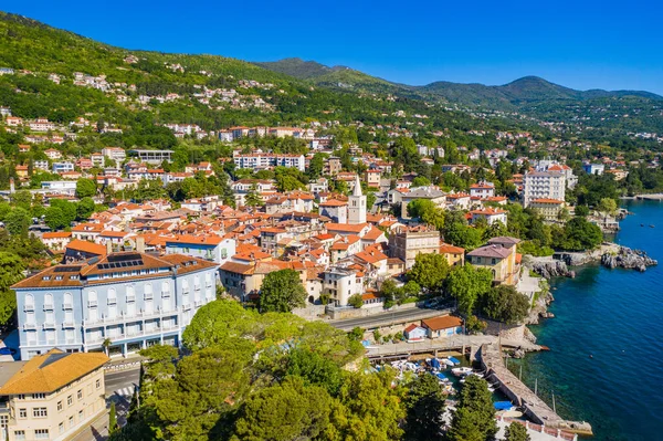 Horvátország Gyönyörű Város Lovran Lungomare Tengeri Sétány Légi Panoráma Kvarner — Stock Fotó