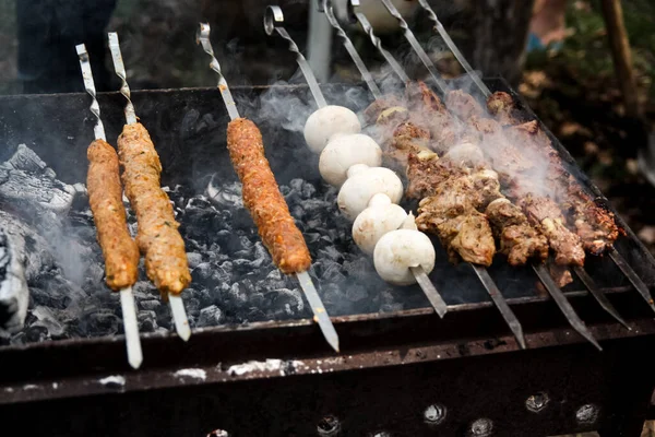 Grill Beef Kebabs Hot Grill Zbliżenie Kabab Arabski Irański — Zdjęcie stockowe