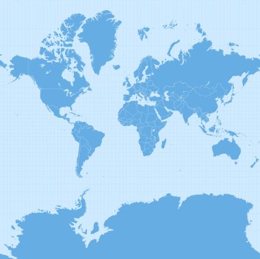 Web Mercator projeksiyonundaki dünya haritası (WGS 84 / Pseudo-Mercator, Küresel Mercator projeksiyonu, EPSG: 3857). Ülkelerin sınırları ve 5 derecelik şebekeyle detaylı Dünya haritası.