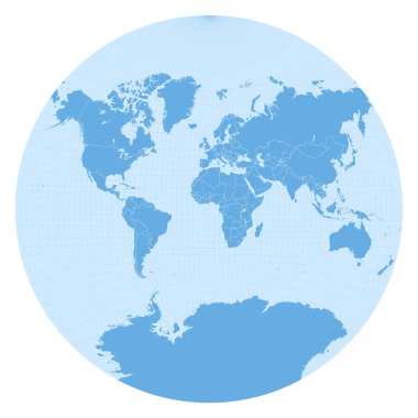 Dünya haritası Van der Grinten I projeksiyonu (EPSG: 53029). Ülkelerin sınırları ve 5 derecelik şebekeyle detaylı Dünya haritası.