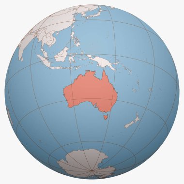 Dünya üzerindeki Avustralya. Dünya yarım küresi, Avustralya Cumhuriyeti 'nin bulunduğu yerin merkezindedir. Avusturalya haritası.