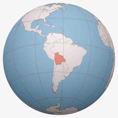 Dünya üzerindeki Bolivya. Dünya yarım küresi, Çoğulculuk Devleti Bolivya 'nın konumuna odaklandı. Bolivya haritası.