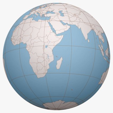 Küredeki komorolar. Dünya yarımküresi Komorolar Birliği 'nin konumuna odaklandı. Komoros haritası.