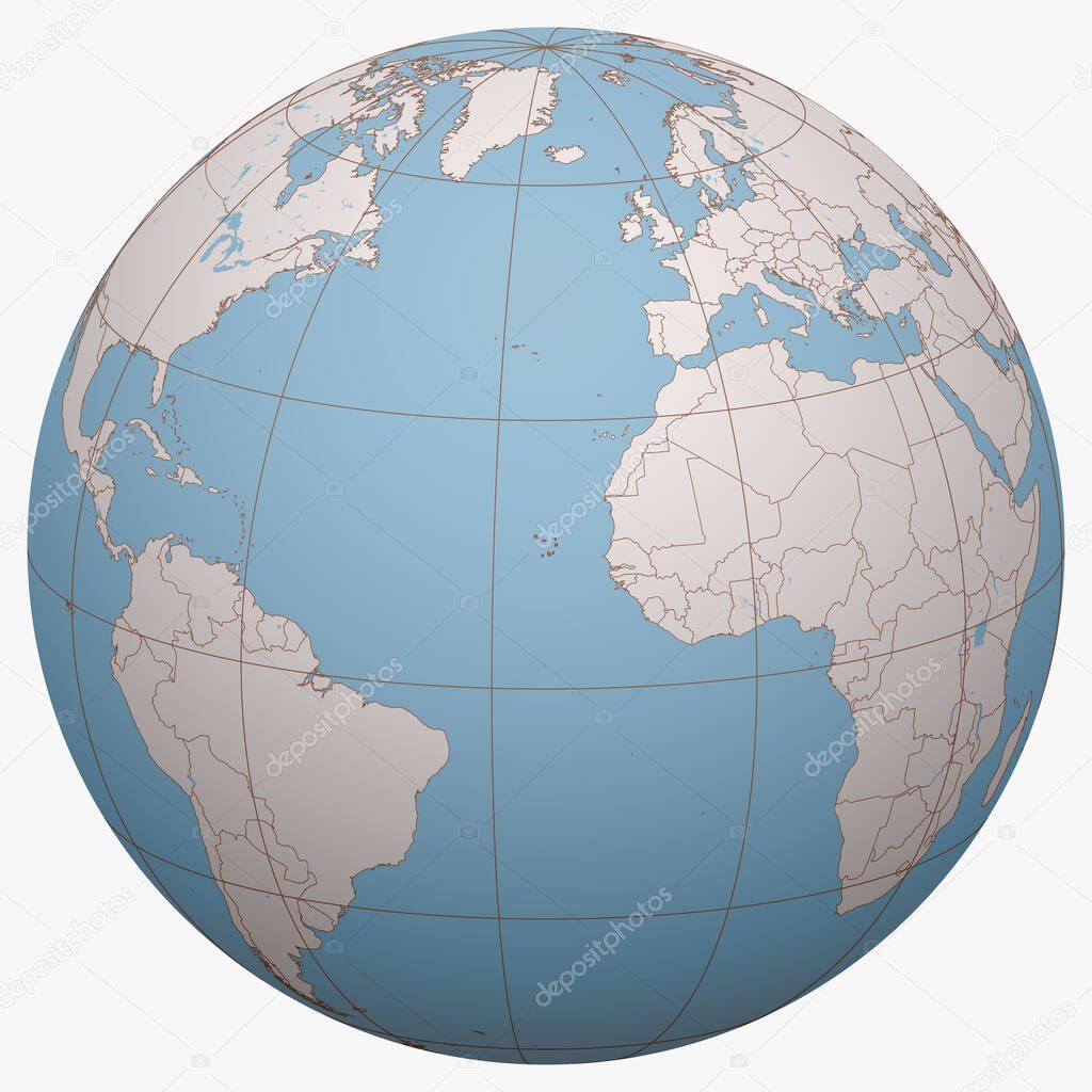 Cape Verde on the globe. Earth hemisphere centered at the location of the Republic of Cabo Verde. Cabo Verde map.
