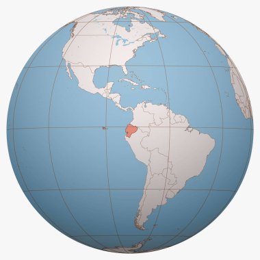 Dünya üzerindeki Ekvador. Dünya yarım küresi Ekvador Cumhuriyeti 'nin konumuna odaklanmıştır. Ekvador Haritası.