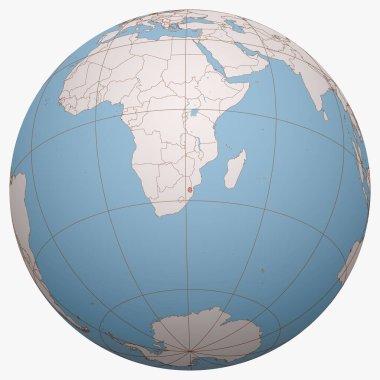 Dünya üzerindeki Eswatini. Dünya yarımküre merkezi Eswatini Krallığı 'nın yeridir. Svaziland haritası.