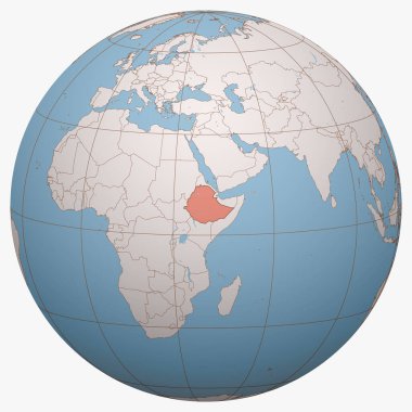Dünya üzerindeki Etiyopya. Dünya yarım küresi Etiyopya Federal Demokratik Cumhuriyeti 'nin merkezindedir. Etiyopya haritası.