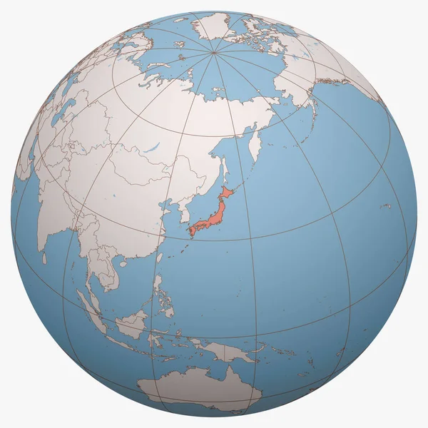 Dünya üzerindeki Japonya. Dünya yarımküresi Japonya 'nın konumuna odaklandı. Japonya haritası.