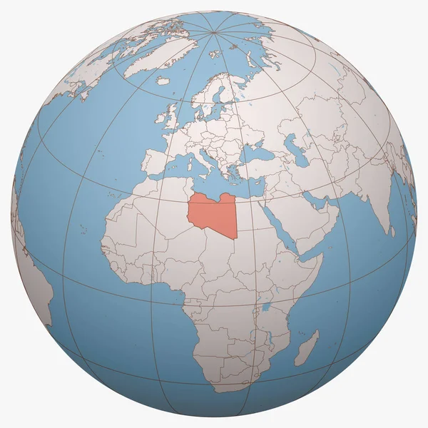 Dünya üzerindeki Libya. Dünya yarımküresi Libya Devleti 'nin konumuna odaklı. Libya haritası.