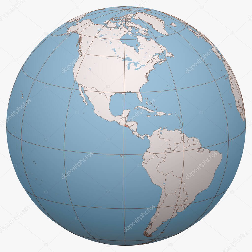 El Salvador on the globe. Earth hemisphere centered at the location of the Republic of El Salvador. El Salvador map.