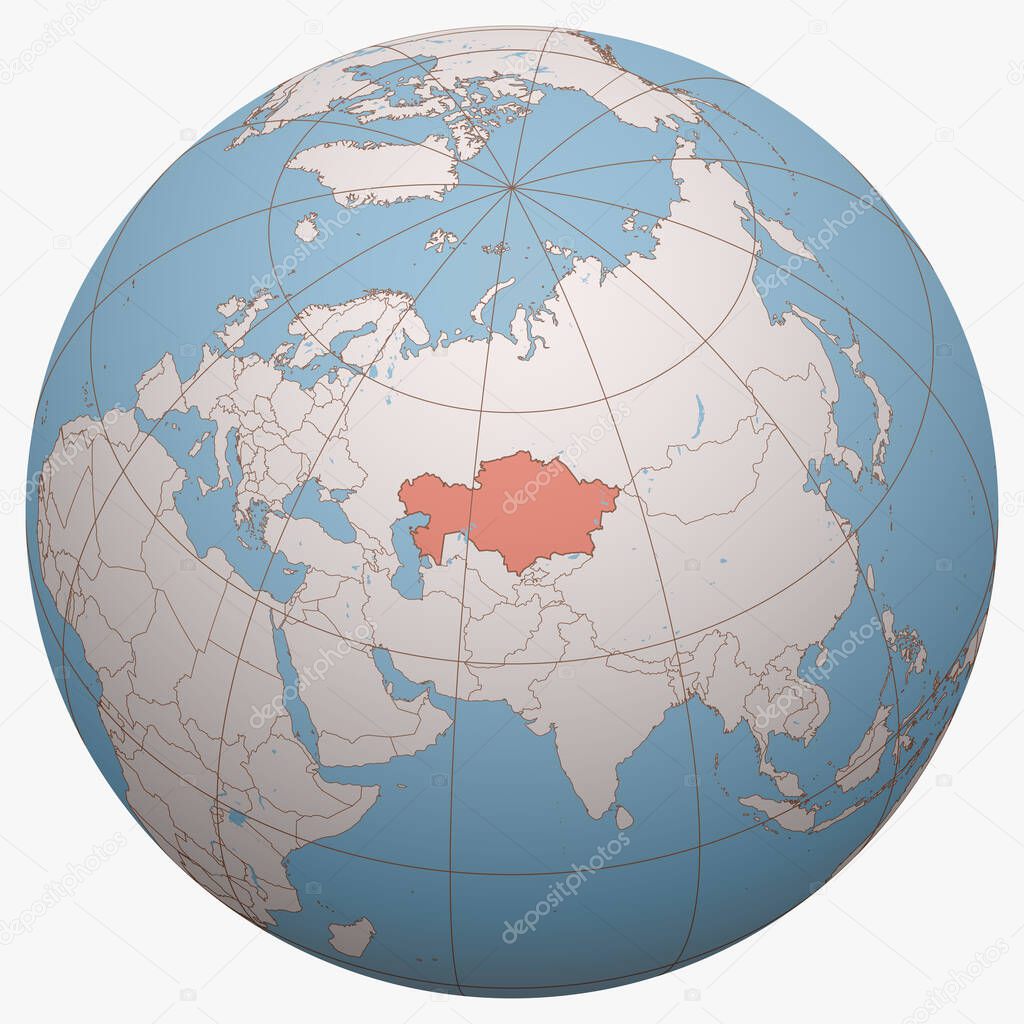 Kazakhstan on the globe. Earth hemisphere centered at the location of the Republic of Kazakhstan. Kazakhstan map.