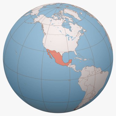 Dünyadaki Meksika 'ya. Dünya yarım küresi, Amerika Birleşik Devletleri 'nin konumuna odaklı. Meksika haritası.