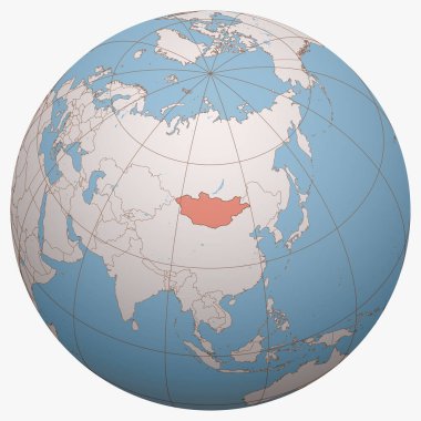 Dünya üzerindeki Moğolistan. Dünya yarım küresi Moğolistan 'ın konumuna odaklandı. Moğolistan haritası.