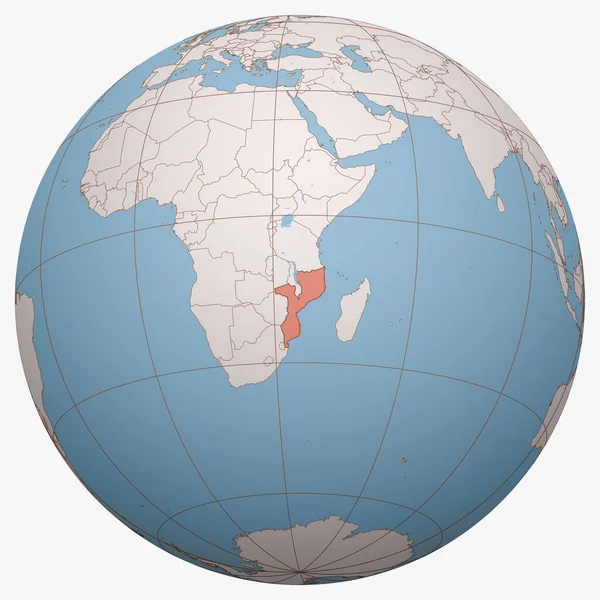 Dünya üzerindeki Mozambik. Dünya yarım küresi Mozambik Cumhuriyeti 'nin konumuna odaklanmıştır. Mozambik haritası.
