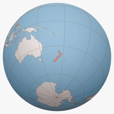 Dünya üzerinde Yeni Zelanda. Dünya yarımküresi Yeni Zelanda 'nın konumuna odaklandı. Yeni Zelanda haritası.