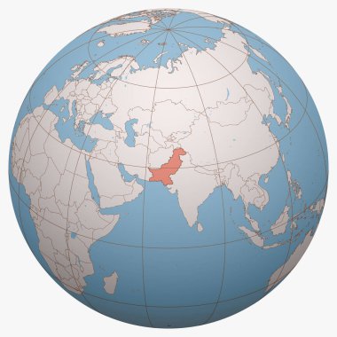 Dünya üzerindeki Pakistan. Dünya yarımküre merkezi Pakistan İslam Cumhuriyeti 'nin yeridir. Pakistan haritası.