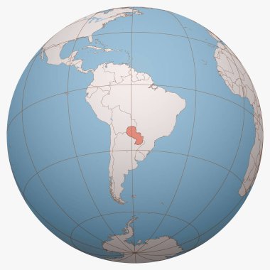 Dünya üzerindeki Paraguay. Dünya yarımküre merkezi Paraguay Cumhuriyeti 'nin yeridir. Paraguay haritası.