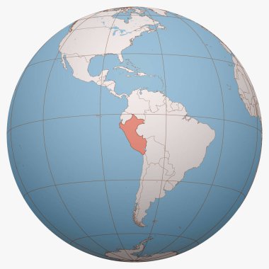 Dünya üzerindeki Peru. Dünya yarımküresi Peru Cumhuriyeti 'nin konumuna odaklanmıştır. Peru haritası.