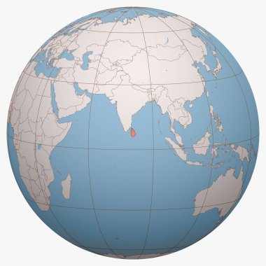Dünya üzerindeki Sri Lanka. Dünya yarım küresi Sri Lanka Demokratik Sosyalist Cumhuriyeti 'nin merkezindedir. Sri Lanka (Seylan) haritası.