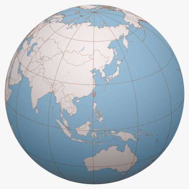 Dünya üzerindeki Tayvan 'da. Dünya yarımküresi Çin Cumhuriyeti 'nin (ROC) bulunduğu konuma odaklanmıştır. Tayvan haritası.