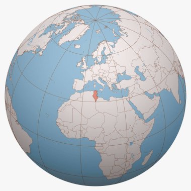 Dünya üzerindeki Tunus 'ta. Dünya yarımküre merkezi Tunus Cumhuriyeti 'nin yeridir. Tunus haritası.