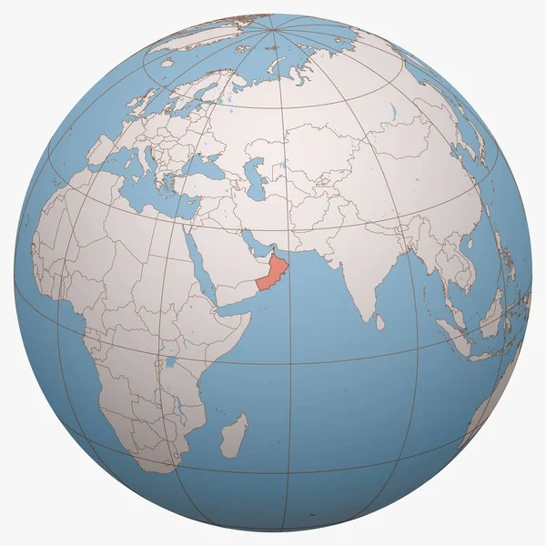 Dünya 'daki Umman. Dünya yarım küresi Umman Sultanlığı 'nın konumuna odaklı. Umman haritası.