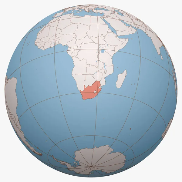 Dünyadaki Güney Afrika 'da. Dünya yarım küresi Güney Afrika Cumhuriyeti 'nin (RSA) bulunduğu konuma odaklanmıştır. Güney Afrika haritası.