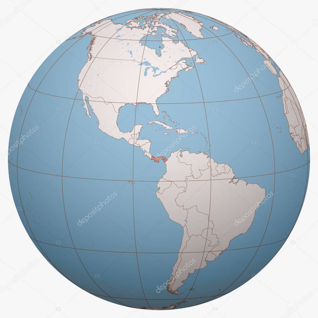 Panama on the globe. Earth hemisphere centered at the location of the Republic of Panama. Panama map.