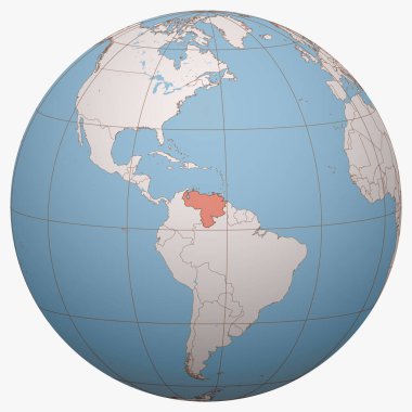 Dünya üzerindeki Venezuela. Dünya yarımküre merkezi Venezuela 'nın Bolivarya Cumhuriyeti' nin yeridir. Venezuela haritası.