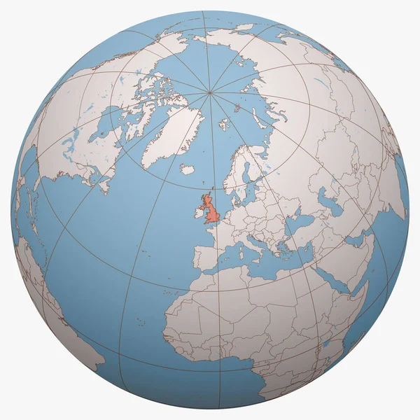 Dünya üzerinde Birleşik Krallık (İngiltere). Büyük Britanya Birleşik Krallığı ve Kuzey İrlanda 'nın merkezindeki Dünya yarım küresi. Britanya haritası.