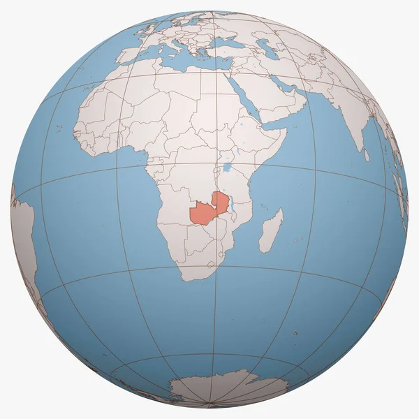 Dünya üzerindeki Zambiya. Dünya yarımküresi, Zambiya Cumhuriyeti 'nin merkezindedir. Zambiya haritası.
