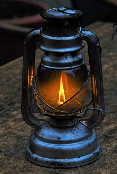 Kerosene Lamp Burning Wick Stands Wooden Table — Stock Photo, Image
