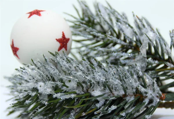 White Ball Red Stars Fir Branch Decorative Snow — Stock Photo, Image