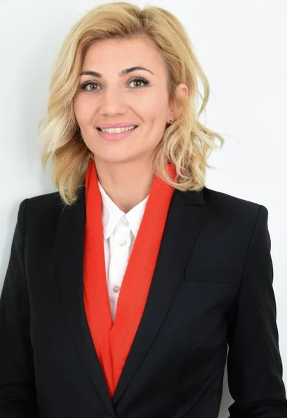 Porträt Einer Frau Weißem Hemd Und Schwarzer Jacke Mit Rotem — Stockfoto