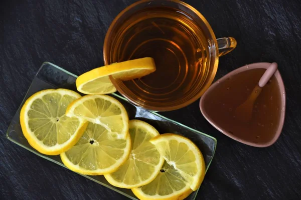 Thé Citron Dans Gobelet Verre Miel Dans Petit Bol — Photo