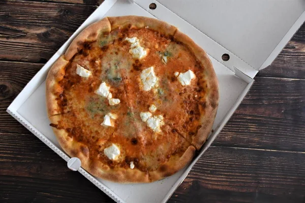 Baked Italian Pizza White Box — Stock Photo, Image
