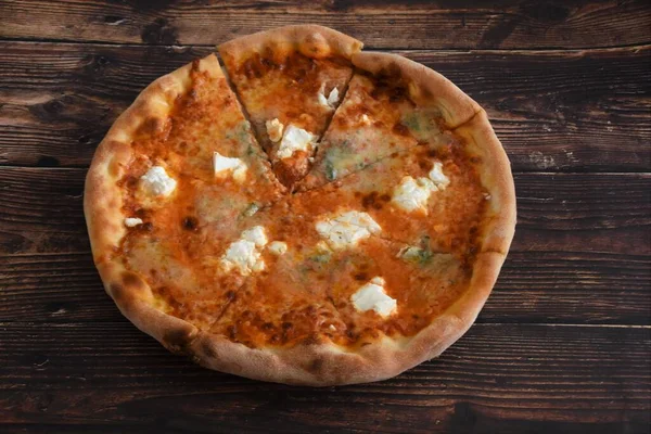 Baked Pizza Cheese Wooden Table — Stock Photo, Image