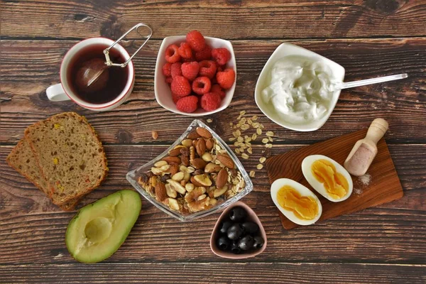 Healthy Varied Tasty Breakfast Wooden Table — Stock Photo, Image