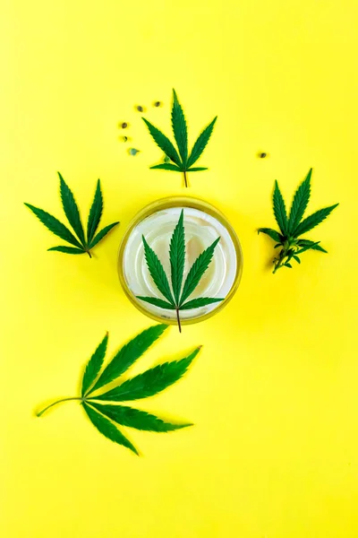 Crema natural de cannabis, cáñamo, loción hidratante CBD. Producto cosmético. Sobre un fondo amarillo — Foto de Stock