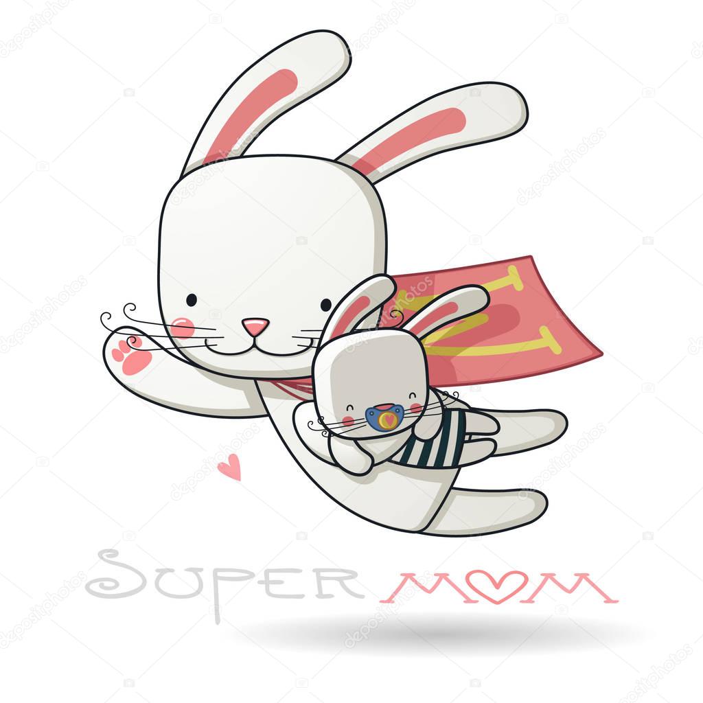 mother with baby, for your design Mother's day greeting card, cartoon character, Super Mom hero, color vector illustration