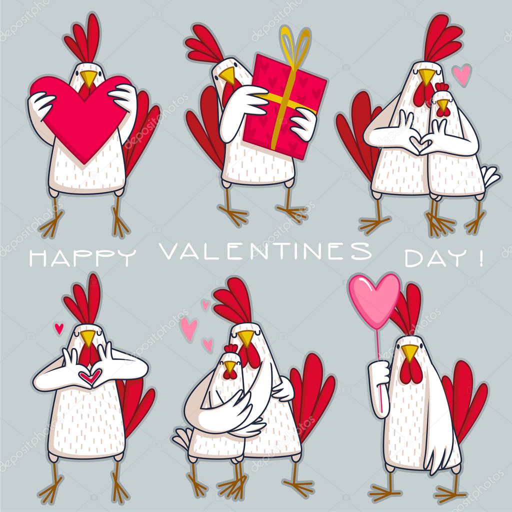 Cute cartoon cock and hen - symbol of 2017. Chinese New Year of the Rooster. Greeting card, Valentine Day design. Illustration in flat style