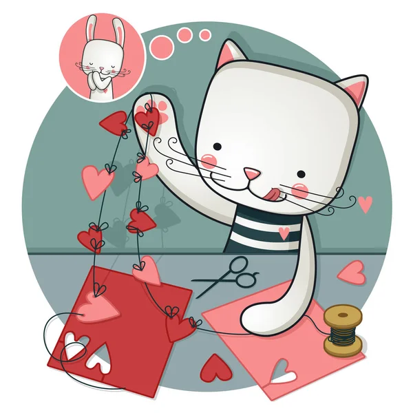 Cat Corta Corazones Papel Para Mejor Amigo Día San Valentín — Archivo Imágenes Vectoriales