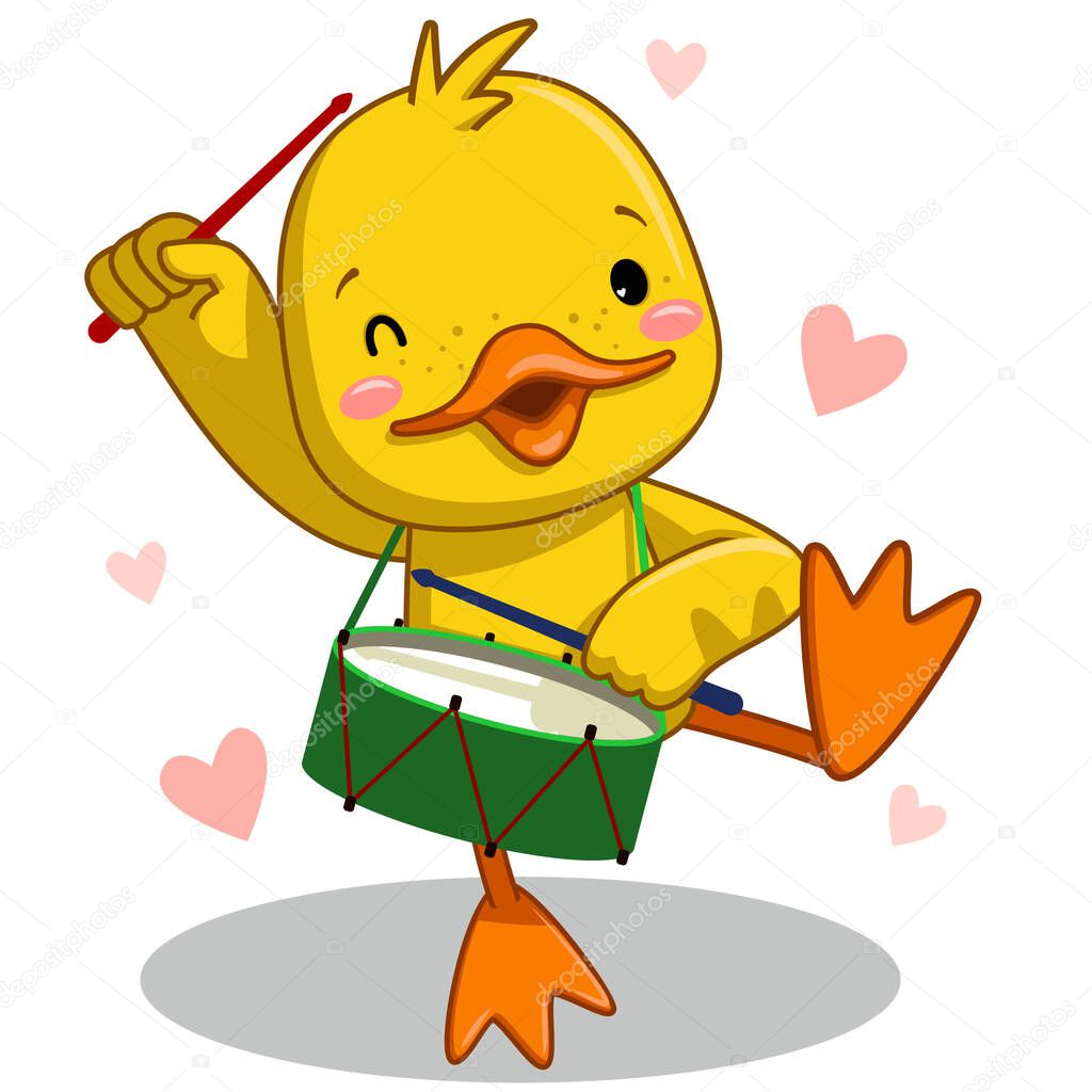 Cute duck musician. with a drum on the neck